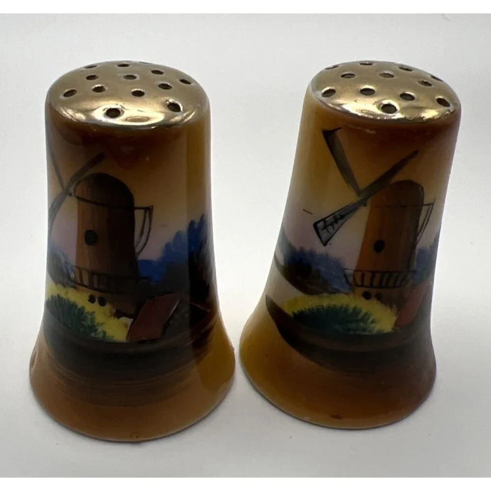 Vtg Chikaramachi of Japan Hand Painted Windmill Salt & Pepper Shakers Gold Tops